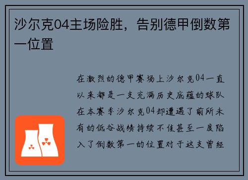 沙尔克04主场险胜，告别德甲倒数第一位置