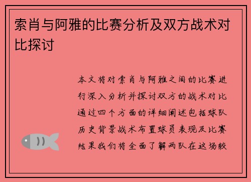 索肖与阿雅的比赛分析及双方战术对比探讨